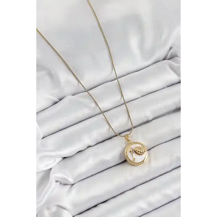 316L Çelik Zincir Beyaz Mineli Sanatsal Portre İstiridye Model Gold Renk Kadın Kolye