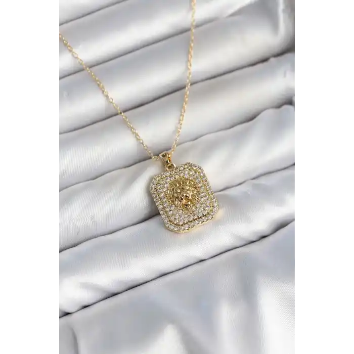 316L Çelik Zincir Gold Aslan Madalyon Model Zirkon Taşlı Kadın Kolye
