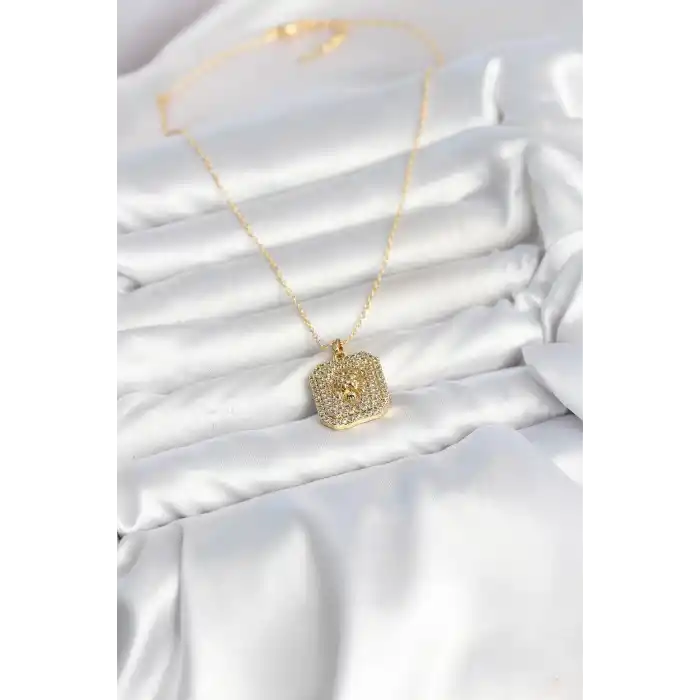 316L Çelik Zincir Gold Aslan Madalyon Model Zirkon Taşlı Kadın Kolye