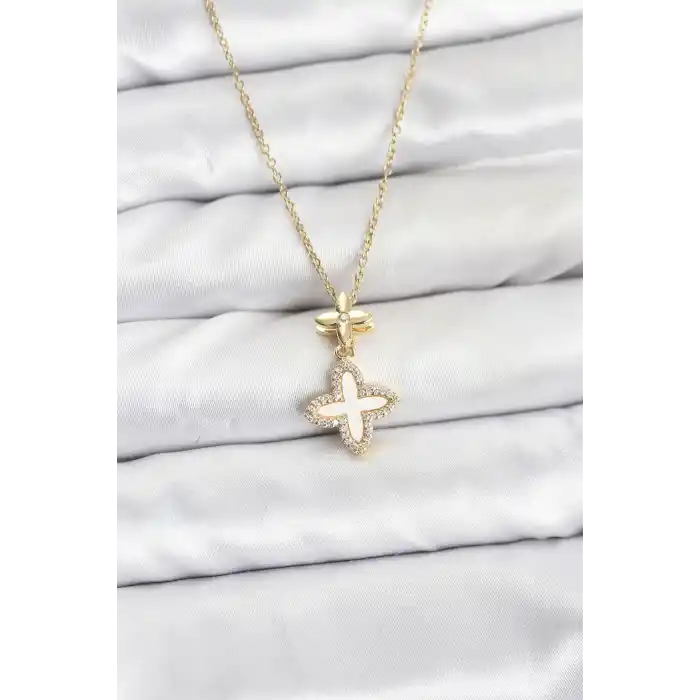 316L Çelik Zincir Gold Renk 4 Yapraklı Yonca Model Zirkon Taşlı Kadın Kolye