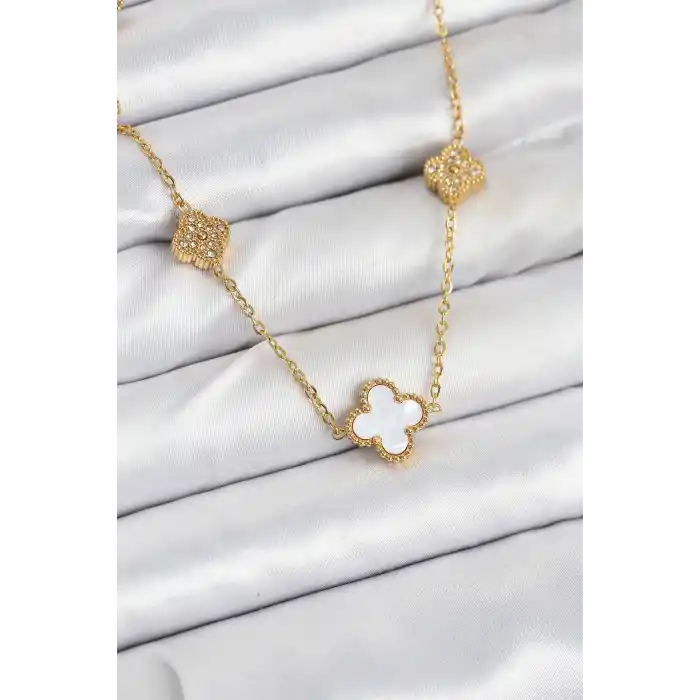316L Çelik Zincir Gold Renk Beyaz ve Zirkon Taşlı Yonca Kadın Kolye