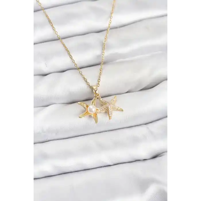 316L Çelik Zincir Gold Renk Deniz Yıldızı Model Zirkon Taşlı Kadın Kolye