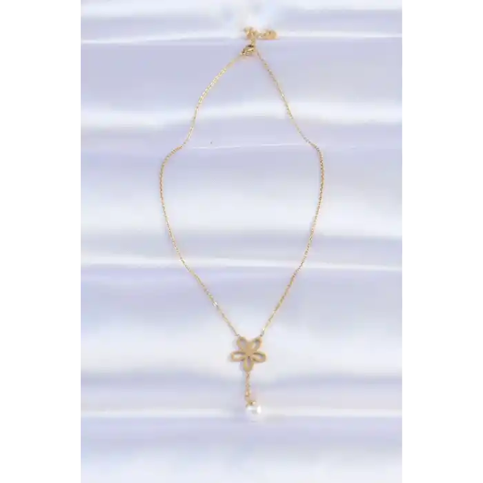 316L Çelik Zincir Gold Renk İnci Detay Çiçek Kolye