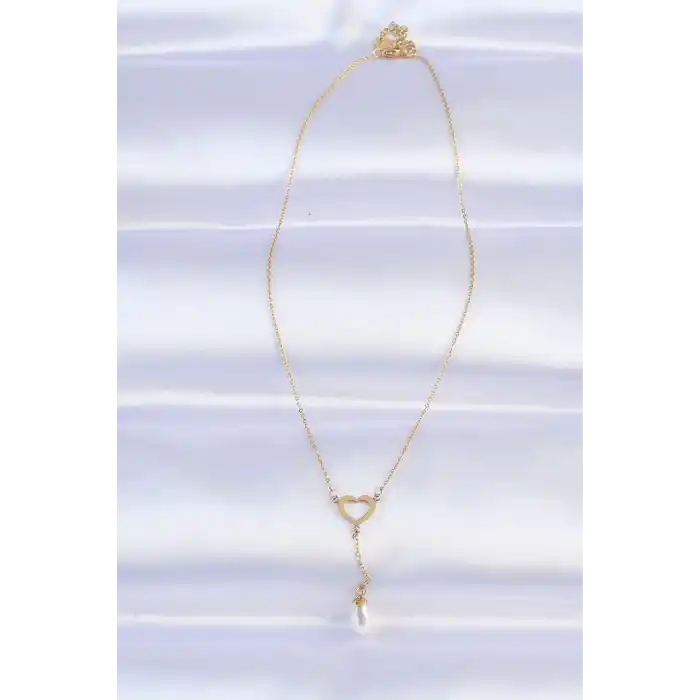 316L Çelik Zincir Gold Renk İnci Taş Detay Kalp Kolye