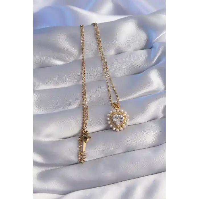 316L Çelik Zincir Gold Renk İncili Zirkon Taşlı Kalp Tasarımlı Kolye