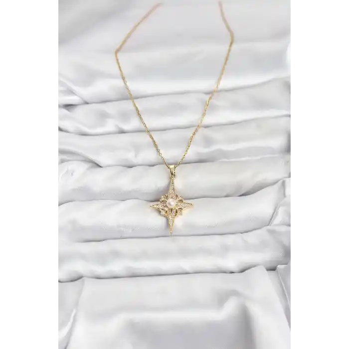 316L Çelik Zincir Gold Renk Kutup Yıldızı Model Zirkon Taşlı Kadın Kolye