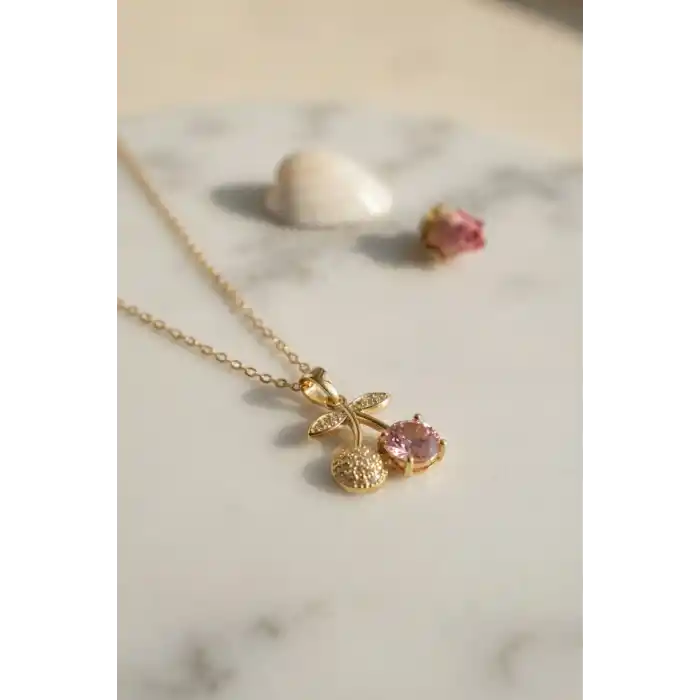 316L Çelik Zincir Gold Renk Pembe Kiraz Model Kolye