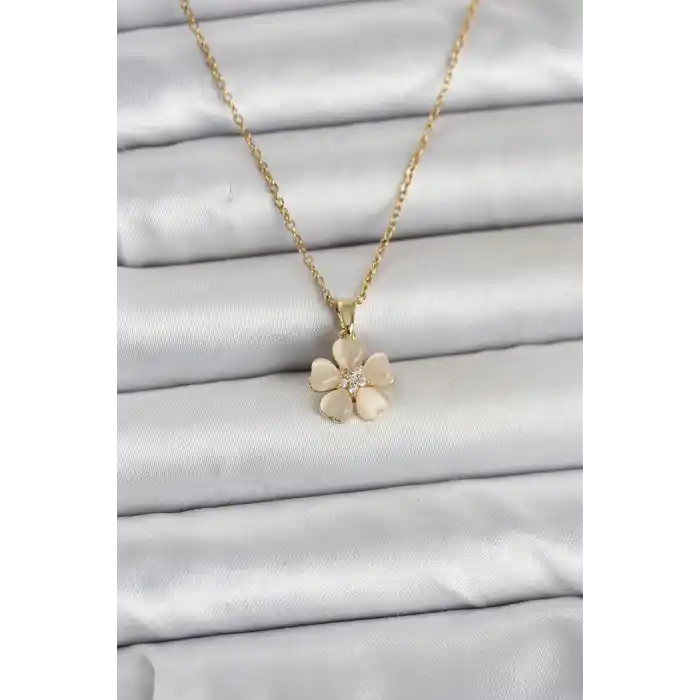 316L Çelik Zincir Gold Renk Yonca Model Kadın Kolye