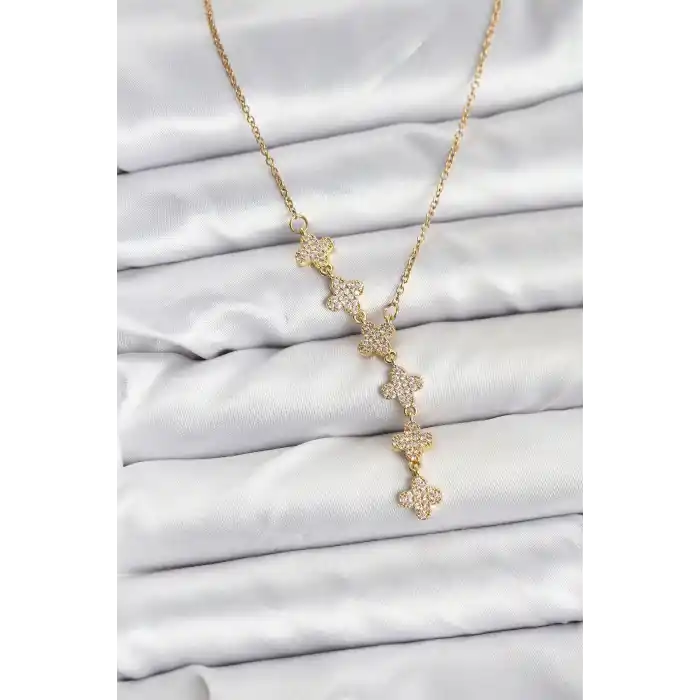 316L Çelik Zincir Gold Renk Yonca Model Kadın Kolye