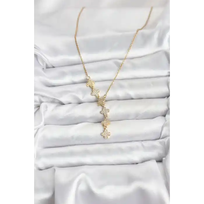 316L Çelik Zincir Gold Renk Yonca Model Kadın Kolye