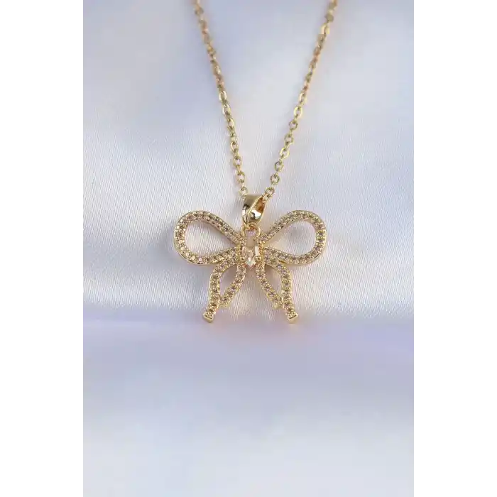 316L Çelik Zincir Gold Renk Zirkon Taşlı Fiyonk Kolye