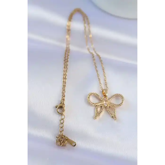 316L Çelik Zincir Gold Renk Zirkon Taşlı Fiyonk Kolye