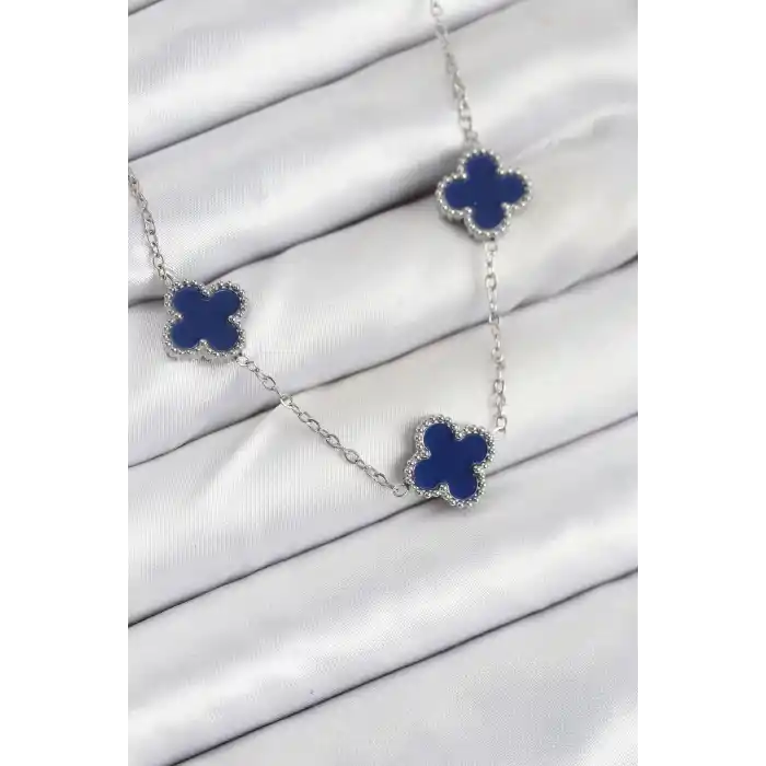 316L Çelik Zincir Gümüş Lacivert Renk Yonca Kadın Kolye