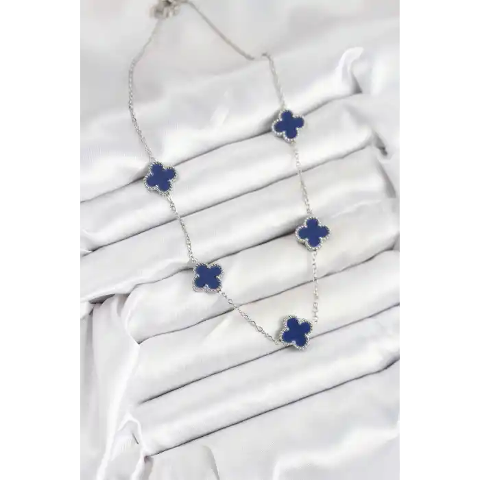 316L Çelik Zincir Gümüş Lacivert Renk Yonca Kadın Kolye