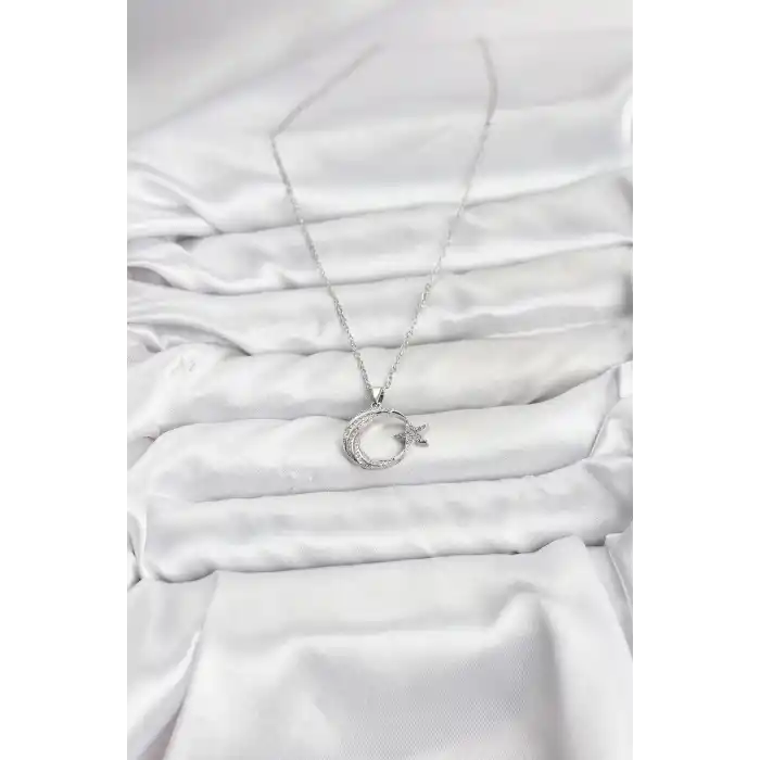 316L Çelik Zincir Gümüş Renk Ay Yıldız Model Zirkon Taşlı Kadın Kolye
