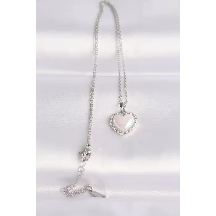316L Çelik Zincir Gümüş Renk Beyaz Taşlı Bombeli Kalp Kolye