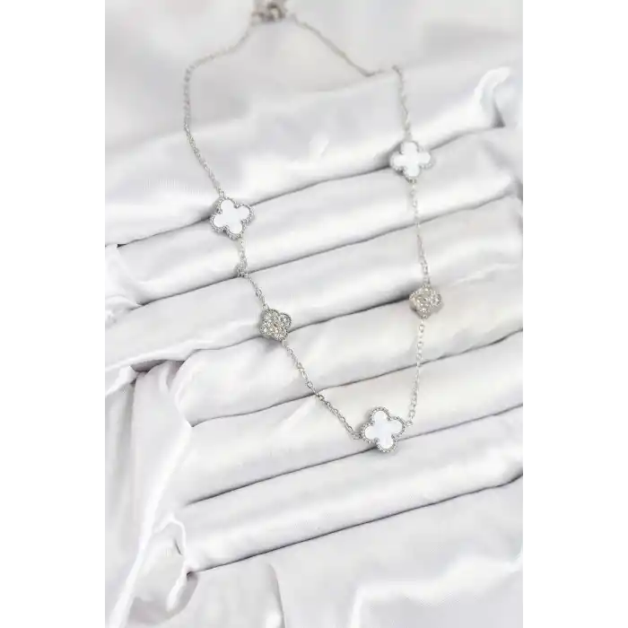 316L Çelik Zincir Gümüş Renk Beyaz ve Zirkon Taşlı Yonca Kadın Kolye