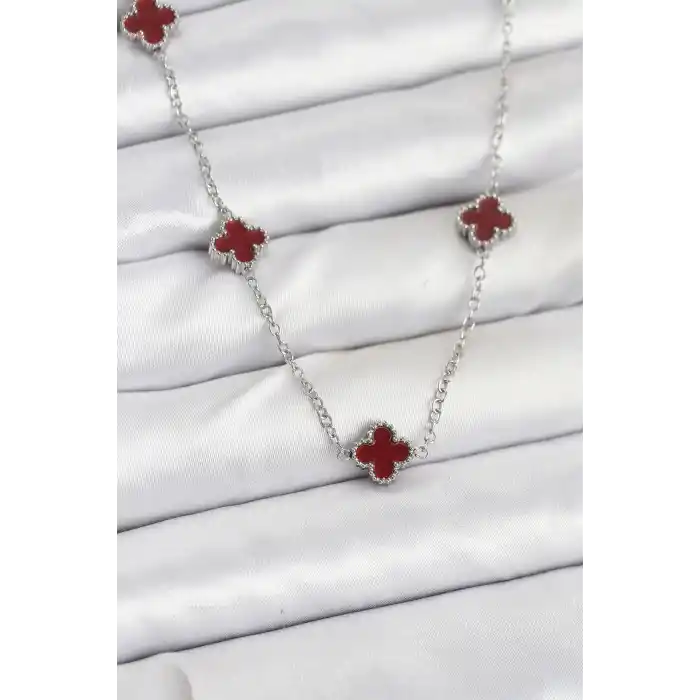 316L Çelik Zincir Gümüş Renk Bordo Baby Boy Yonca Kadın Kolye