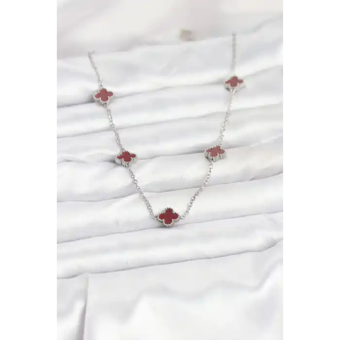 316L Çelik Zincir Gümüş Renk Bordo Baby Boy Yonca Kadın Kolye