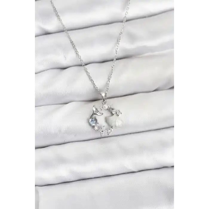 316L Çelik Zincir Gümüş Renk Deniz Tema Model Zirkon Taşlı Kadın Kolye