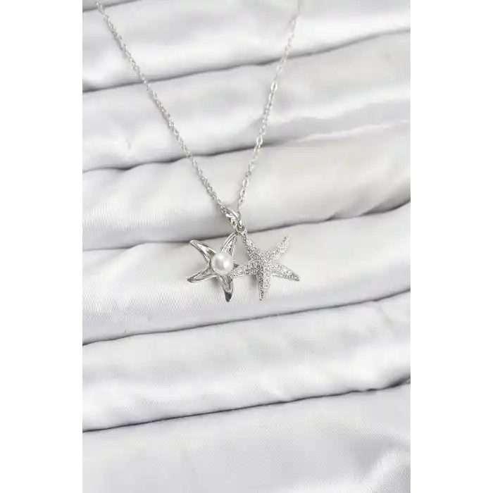 316L Çelik Zincir Gümüş Renk Deniz Yıldızı Model Zirkon Taşlı Kadın Kolye