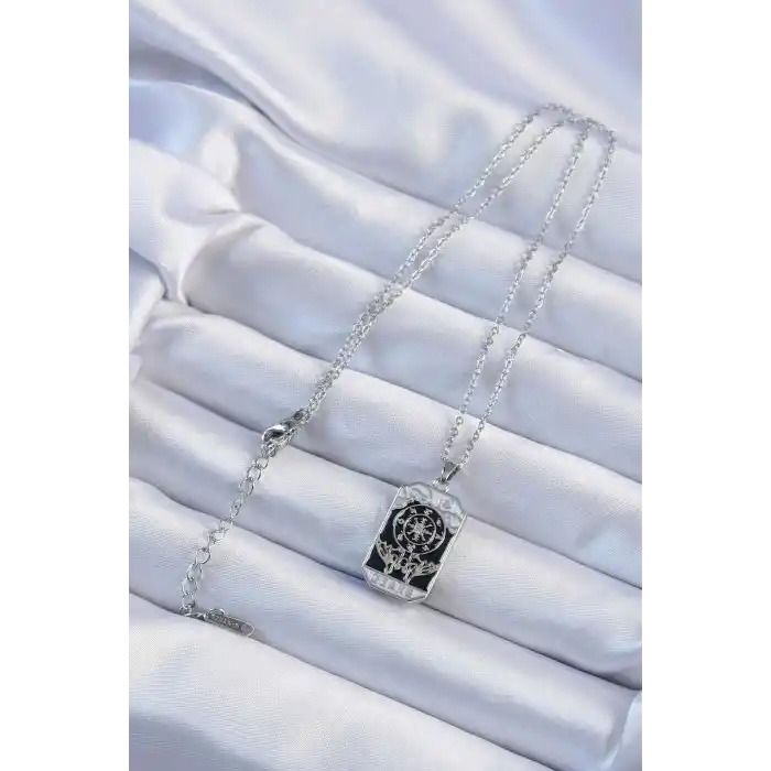 316L Çelik Zincir Gümüş Renk İşlemeli Siyah Mineli Tarot Kolye