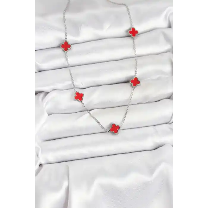 316L Çelik Zincir Gümüş Renk Kırmızı Baby Boy Yonca Kadın Kolye