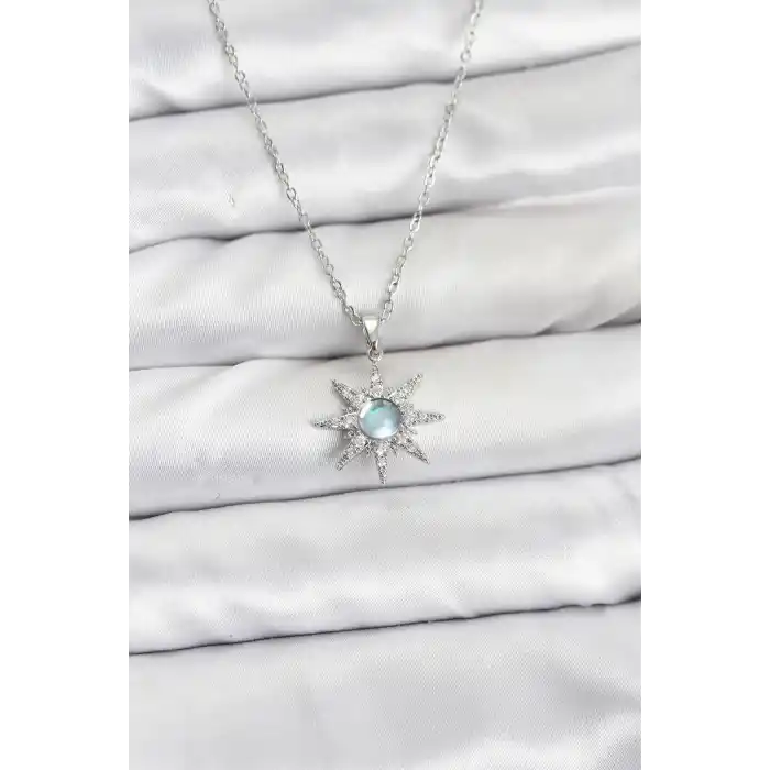 316L Çelik Zincir Gümüş Renk Kutup Yıldızı Model Zirkon Taşlı Kadın Kolye