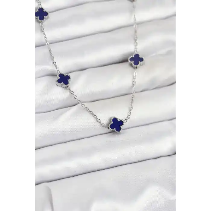 316L Çelik Zincir Gümüş Renk Lacivert Baby Boy Yonca Kadın Kolye