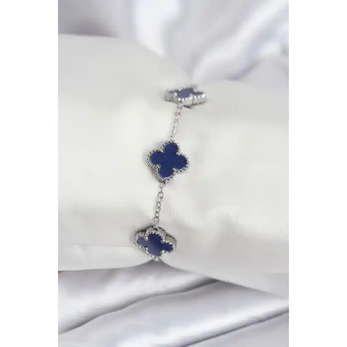 316L Çelik Zincir Gümüş Renk Lacivert Yonca Kadın Bileklik