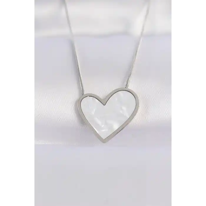 316L Çelik Zincir Gümüş Renk Mermer Desenli Kalp Kolye