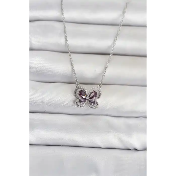 316L Çelik Zincir Gümüş Renk Mor Kelebek Model Kadın Kolye
