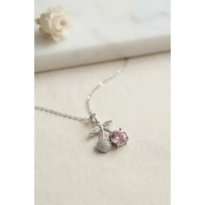 316L Çelik Zincir Gümüş Renk Pembe Kiraz Model Kolye