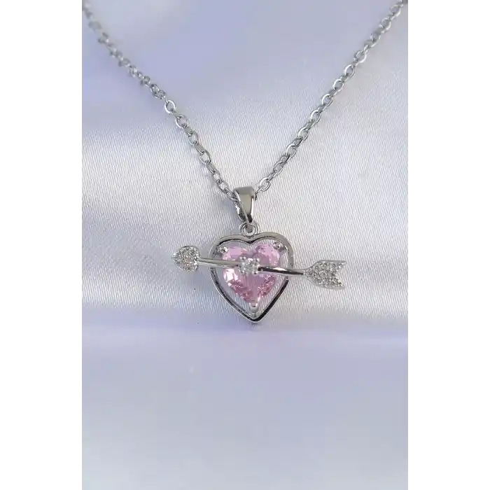 316L Çelik Zincir Gümüş Renk Pembe Zirkon Taşlı Eros Kolye