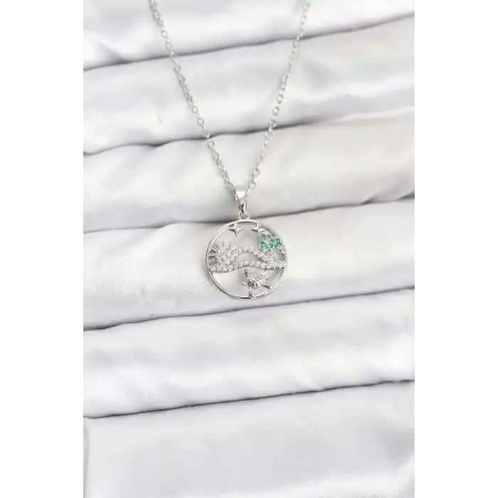 316L Çelik Zincir Gümüş Renk Şans Kolyesi Model Zirkon Taşlı Kadın Kolye