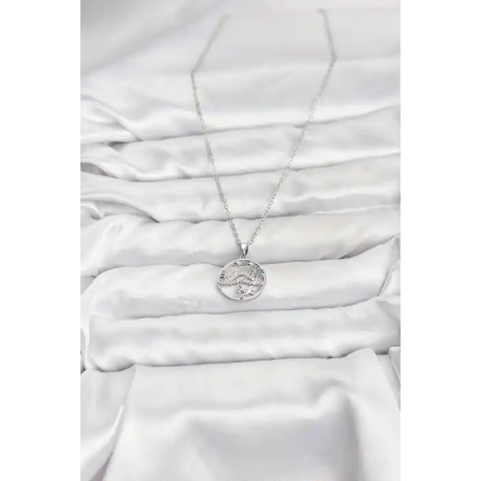 316L Çelik Zincir Gümüş Renk Şans Kolyesi Model Zirkon Taşlı Kadın Kolye