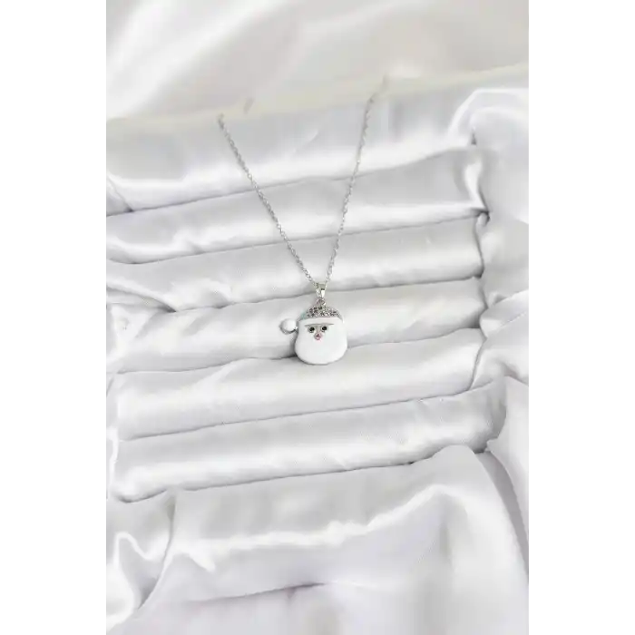 316L Çelik Zincir Gümüş Renk Şapkalı Kardan Adam Kafası Model Yılbaşı Temalı Kadın Kolye