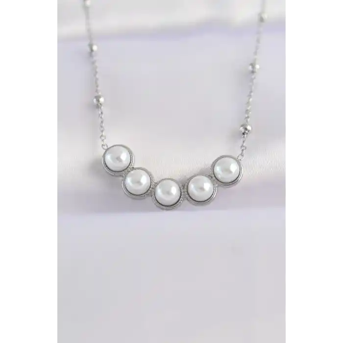 316L Çelik Zincir Gümüş Renk Sıralı İnci Taşlı Kolye