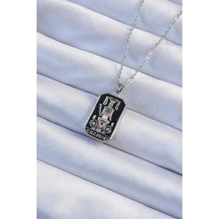 316L Çelik Zincir Gümüş Renk Siyah Mineli Tarot Kolye