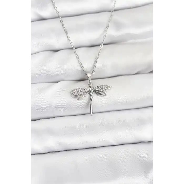 316L Çelik Zincir Gümüş Renk Yusufçuk Model Zirkon Taşlı Kadın Kolye