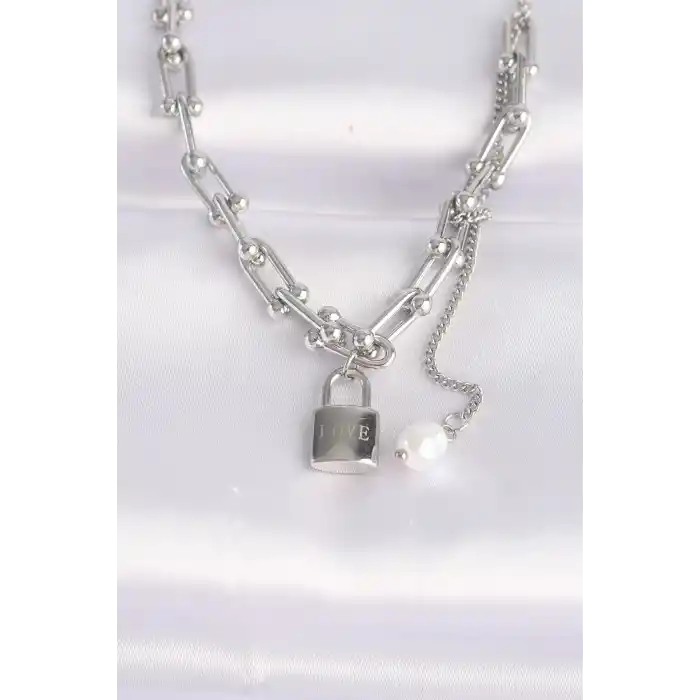 316L Çelik Zincir Gümüş Renk Zincirli Love Yazılı Kilit Kolye