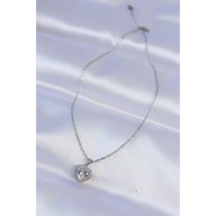 316L Çelik Zincir Gümüş Renk Zirkon Taşlı Charm Kalp Kolye