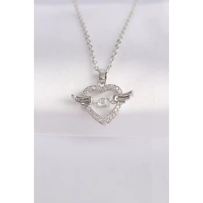316L Çelik Zincir Gümüş Renk Zirkon Taşlı Kanatlı Kalp Kolye