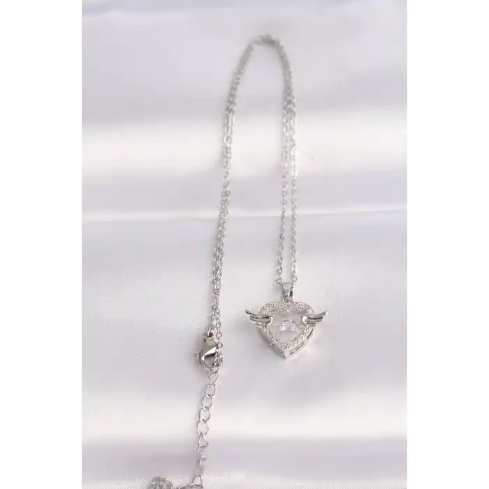 316L Çelik Zincir Gümüş Renk Zirkon Taşlı Kanatlı Kalp Kolye
