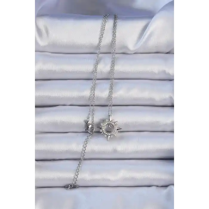 316L Çelik Zincir Gümüş Renk Zirkon Taşlı Parlayan Yıldız Kolye
