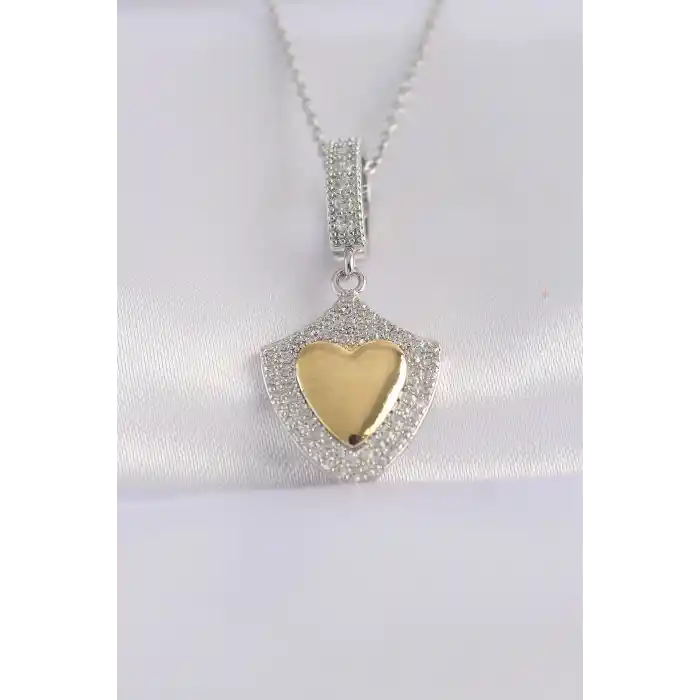 316L Çelik Zincir Gümüş Renk Zirkon Taşlı Tasarım Altın Renk Kalp Kolye