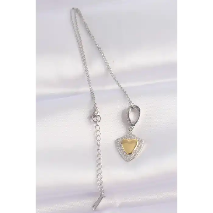 316L Çelik Zincir Gümüş Renk Zirkon Taşlı Tasarım Altın Renk Kalp Kolye