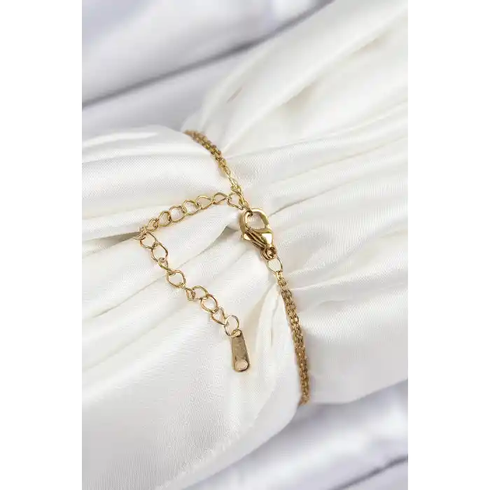 316L Çelik Zincir Mineli Sanatsal Portre Zirkon Taşlı Kelebek Detaylı Çiçek Model Gold Renk Kadın Bileklik