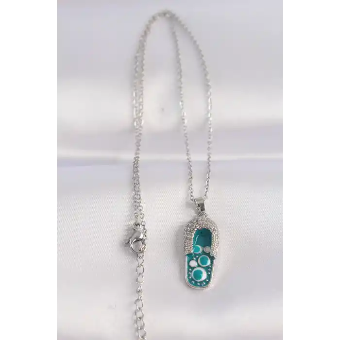 316L Çelik Zincir Zirkon Taşlı Gümüş Renk Nazarlı Terlik Tasarımlı Kolye