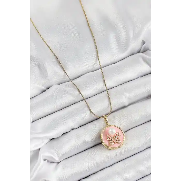 316L Çelik Zincir Zirkon Taşlı Pembe Sanatsal Portre İnci Detaylı Kelebek Model Gold Renk Kadın Kolye